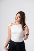 White Asymmetrical cut-out buckle top
