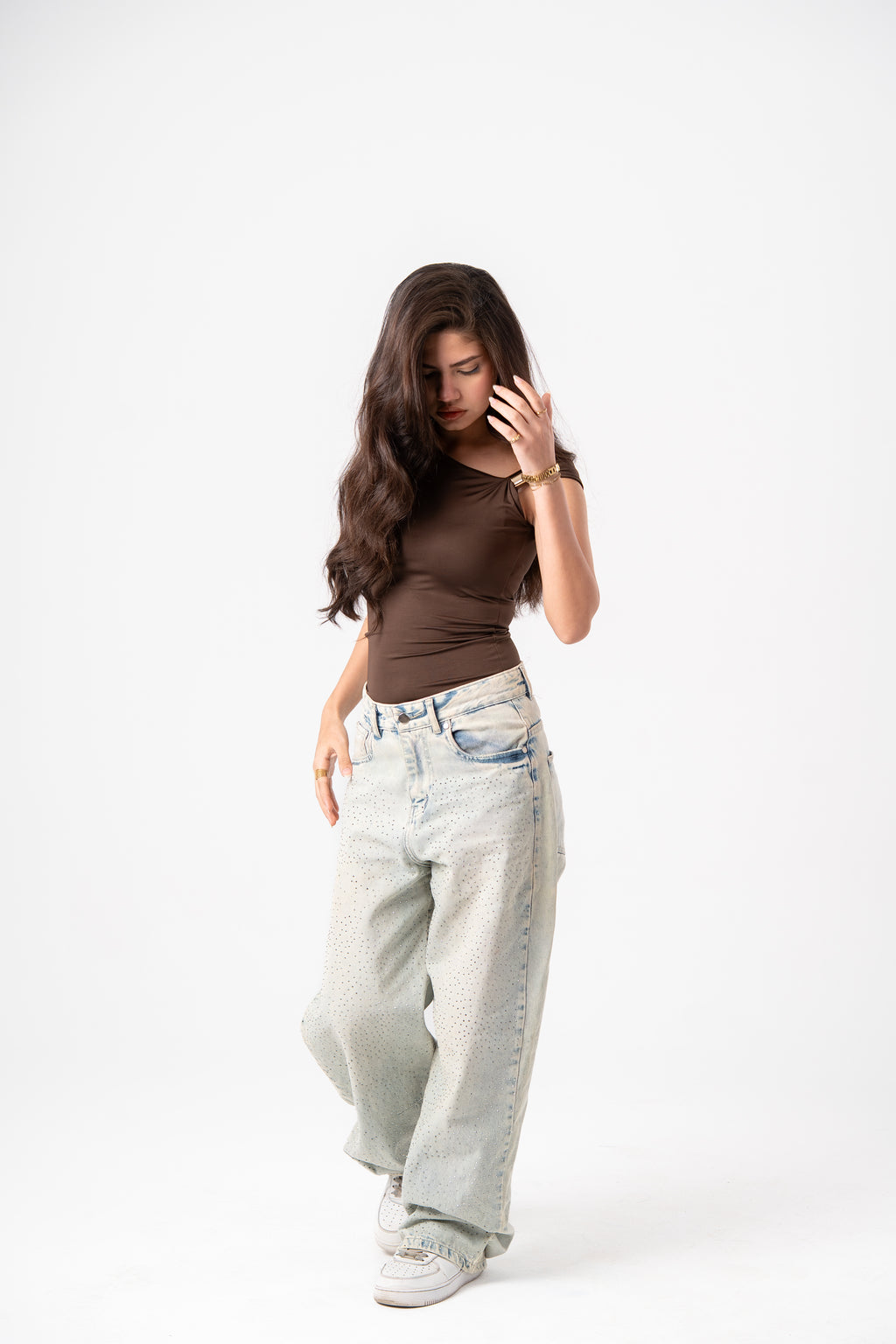 BrownAsymmetrical cut-out buckle top
