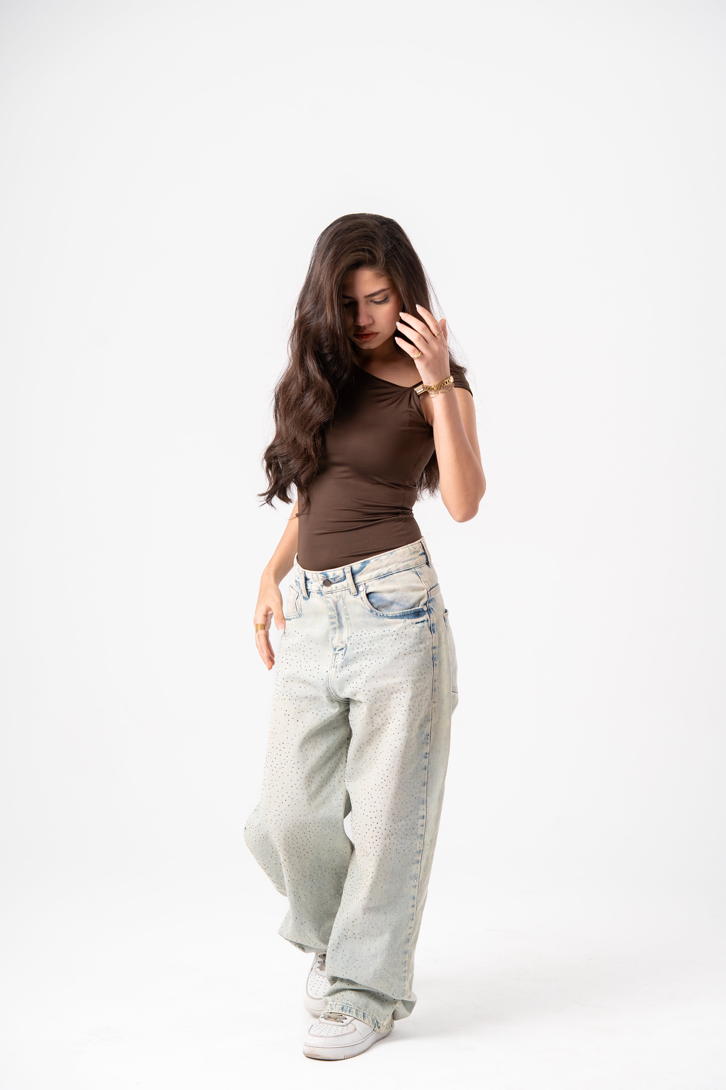 BrownAsymmetrical cut-out buckle top