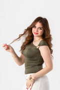 Olive Asymmetrical cut-out buckle top