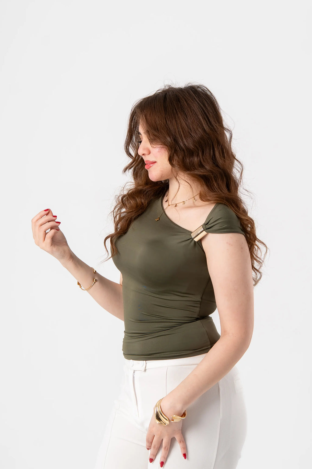 Olive Asymmetrical cut-out buckle top