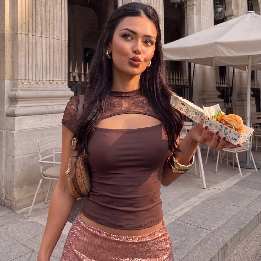 Lace top half sleeve brown
